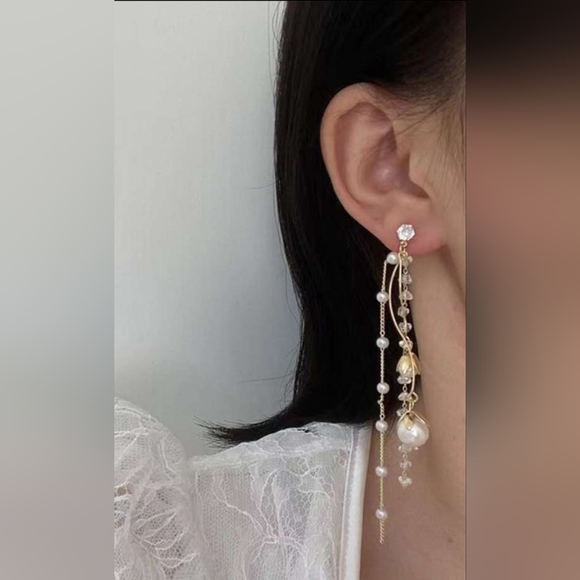 Gold-plated Crystal Pearl drop earrings with silver post BOGO - Picture 11 of 15